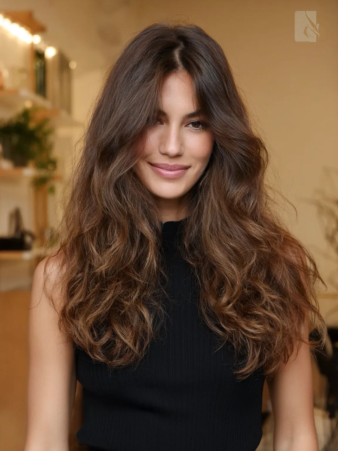 Voluminous Layered Waves with Rich Chestnut Brown Hue